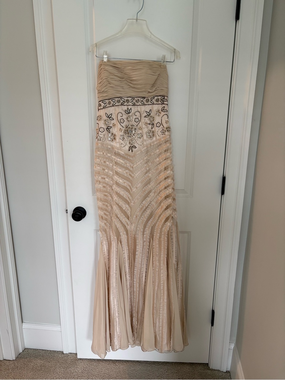 Elegant Strapless Beaded Evening Gown - Champagne